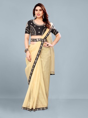 Ashiya Fab Embroidered Bollywood Net Saree(Beige)