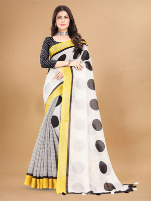 ANOUK Printed Saree with Attached Blouse Linen Saree(White)