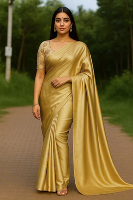 LOKAVANYA Solid/Plain Bollywood Satin Saree(Gold)