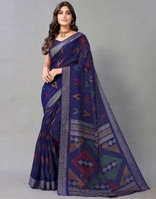 Divastri Geometric Print, Printed, Self Design Tant Cotton Blend Saree(Dark Blue)