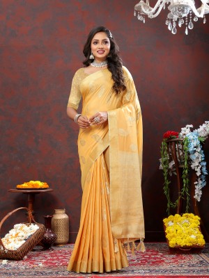 YUG ART Woven Banarasi Cotton Silk Saree(Yellow)
