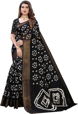 Saadhvi Printed Bandhani Cotton Silk Saree(Black)