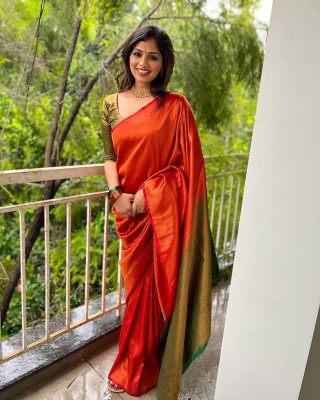 Anjaneya Sarees Self Design Banarasi Silk Blend Saree(Orange)