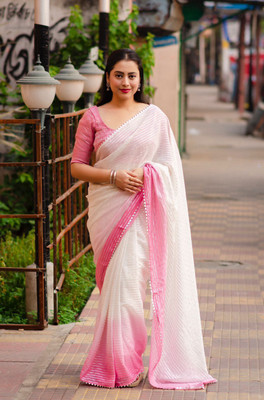 PeachPetals Striped Daily Wear Cotton Blend Saree(Pink, White)