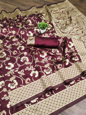 signagraph Woven, Floral Print Banarasi Pure Silk, Jacquard Saree(Maroon)