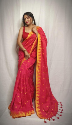 HouseOfCommon Temple Border Handloom Handloom Cotton Blend Saree(Red)