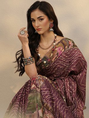 LIBAS Printed Bandhani Silk Blend Saree(Maroon)