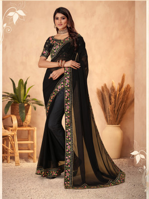 NAKSHCRETION Embroidered Bollywood Georgette Saree(Black)