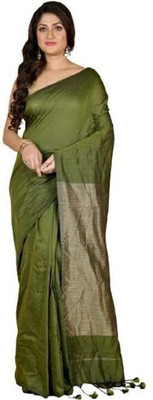 zayraa Solid/Plain Daily Wear Cotton Blend Saree(Green, Grey)