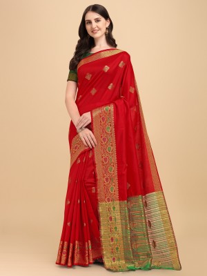 UNART CLOTHING Woven Kanjivaram Cotton Silk Saree(Red)