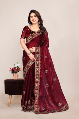 KHRITI FAB Embroidered Bollywood Jimmy choo Saree(Maroon)