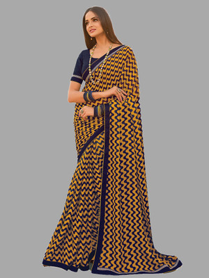 Maruti Creation Printed Daily Wear Georgette Saree(Blue, Yellow)