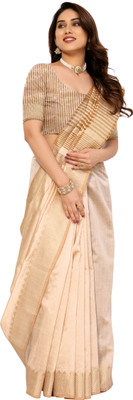 Moda Rapido Solid/Plain Assam Silk Cotton Silk Saree(Cream)