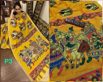 Arpita Fashion Digital Print Madhubani Linen Saree(Yellow)