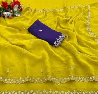 Aquiliq Solid/Plain, Embroidered Bollywood Chiffon, Silk Blend Saree(Yellow)