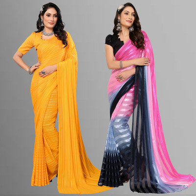 kashvi sarees Striped Bollywood Satin Saree(Pack of 2, Yellow, Pink, Black)
