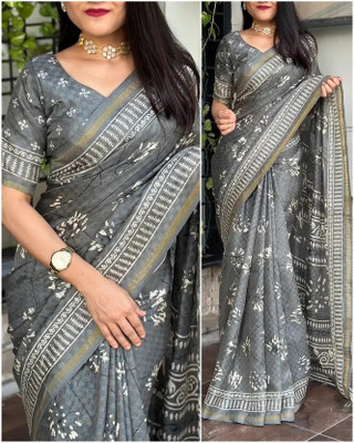 HouseOfCommon Printed Bollywood Chanderi Saree(Grey)