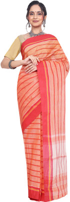 Manasi Craft Solid/Plain Handloom Cotton Blend Saree(Orange, Red)