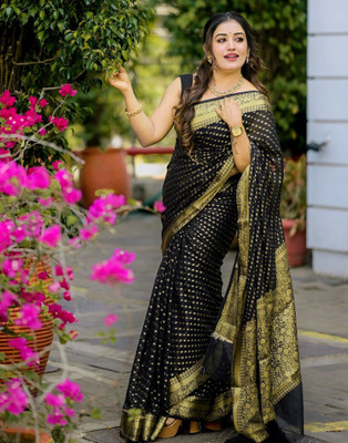 Samah Woven, Embellished Banarasi Silk Blend, Jacquard Saree(Black, Gold)