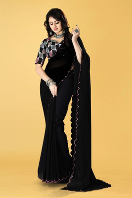 WOMENNUT Solid/Plain Kanjivaram Georgette Saree(Black)