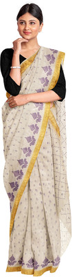 dreamy textiles hub Printed Tant Handloom Pure Cotton Saree(Cream)