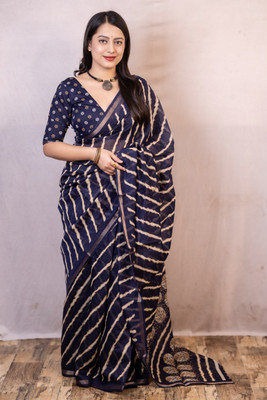 Divastri Printed Bandhani Cotton Silk Saree(Dark Blue)