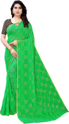 Desi Style Printed Bollywood Net, Chiffon Saree(Green)