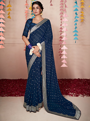 Sareemall Printed Bollywood Georgette Saree(Dark Blue)