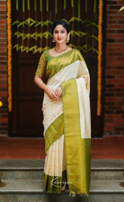SICHYAH Woven, Self Design Banarasi Art Silk Saree(White, Green)