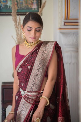 Visit Wear Solid/Plain Kanjivaram Art Silk Saree(Maroon)