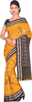 handloom paridhaan Hand Painted, Self Design Handloom Pure Cotton Saree(Yellow, Black)