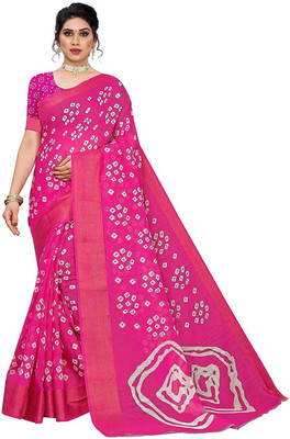 Grubstaker Printed Mundum Neriyathum Cotton Blend Saree(Pink)