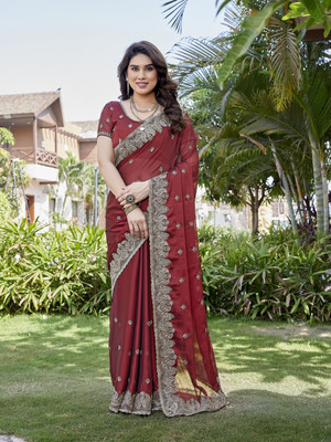 TTH Embroidered Bollywood Pure Silk Saree(Maroon)