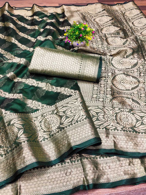 Bansari Textiles Printed Bollywood Jacquard, Cotton Silk Saree(Green)