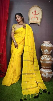 RM CREATION Self Design Handloom Handloom Cotton Blend Saree(Yellow)