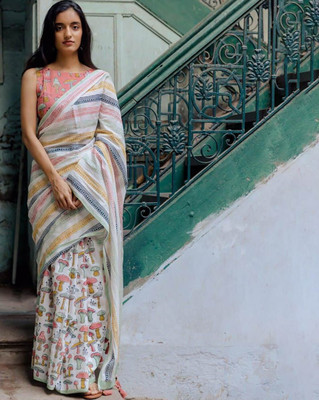 Anjaneya Sarees Printed Bollywood Linen Saree(White, Pink)