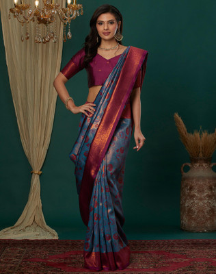 Tasrika Woven, Embellished Kanjivaram Jacquard, Silk Blend Saree(Blue)