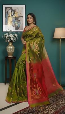 AKfasionN Embroidered, Floral Print, Self Design, Woven Handloom Cotton Silk Saree(Green)