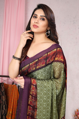 MIRCHI FASHION Printed, Floral Print Daily Wear Chiffon Saree(Green, Magenta)
