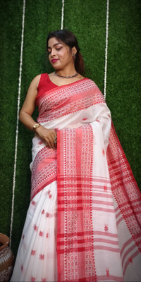 ADbutiq Woven Bollywood Handloom Cotton Blend Saree(White, Pink)