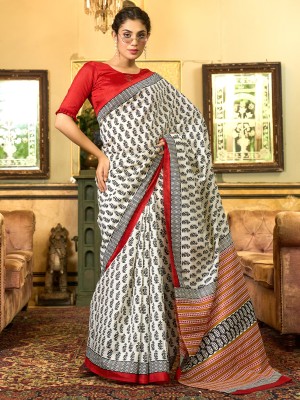 Sareemall Printed Daily Wear Silk Blend Saree(Cream)