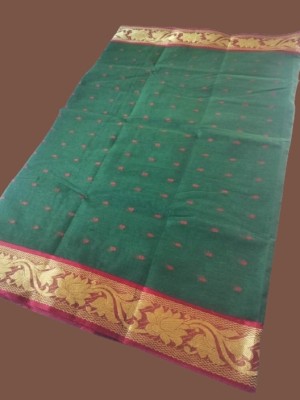 kunduhouse Self Design Jamdani Pure Cotton Saree(Dark Green)