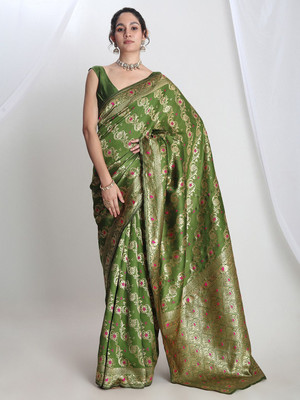 Janasya Woven Banarasi Silk Blend Saree(Green)