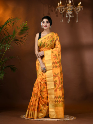 Desh Bidesh Printed, Self Design, Striped, Woven Handloom Handloom Cotton Blend, Pure Cotton Saree(Yellow)