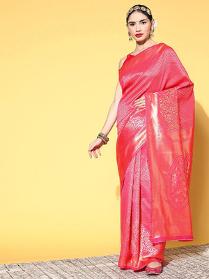 Anouk Rustic Woven Dharmavaram Silk Blend Saree(Pink)