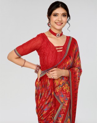 ANIRAV Printed Daily Wear Georgette, Lace Saree(Red)