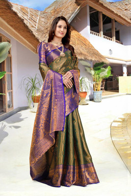 jayant creation Woven Banarasi Silk Blend, Jacquard Saree(Dark Green, Blue)