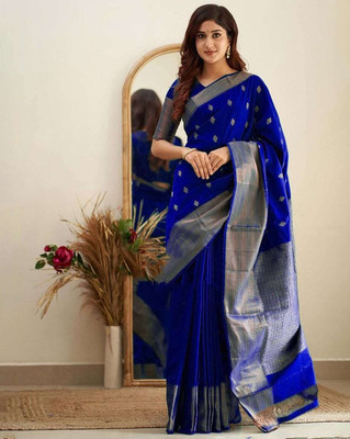 Nirvaan Solid/Plain Banarasi Cotton Silk, Jacquard Saree(Blue)