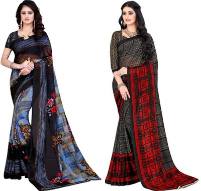 Leelavati Printed Daily Wear Georgette Saree(Pack of 2, Black, Grey)