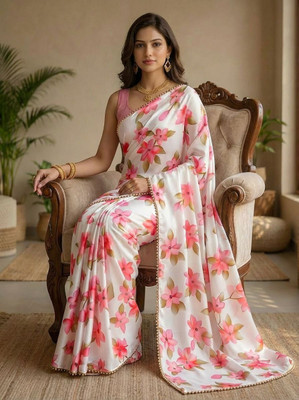 Fabian Fashion Floral Print, Digital Print Bollywood Satin Saree(White)